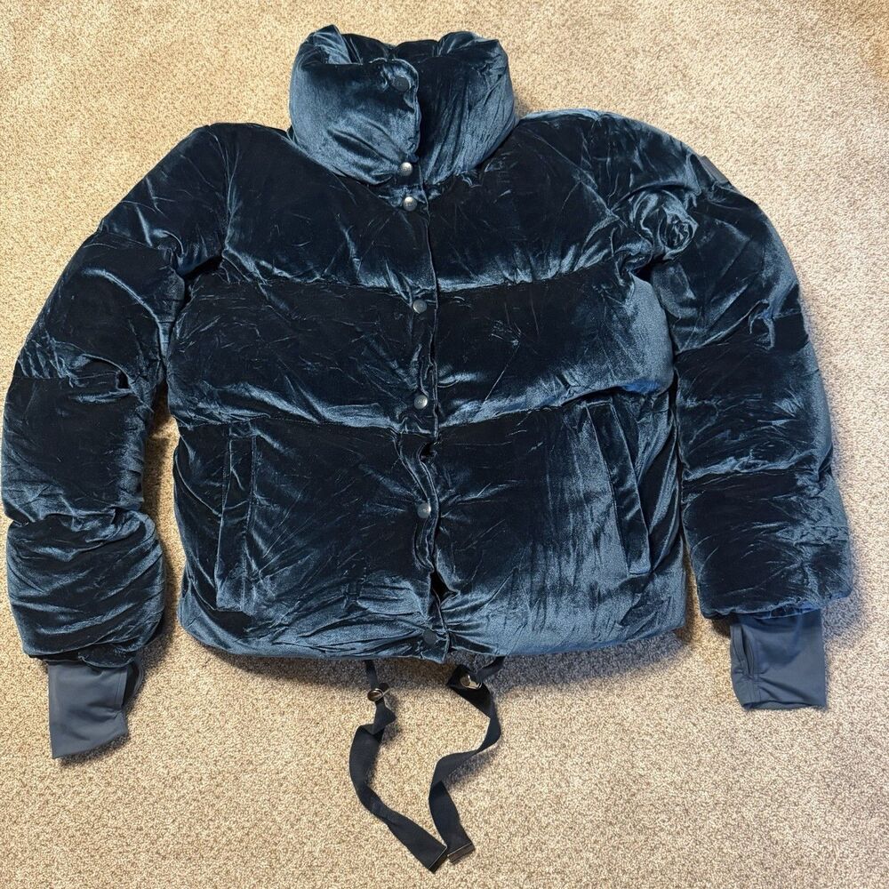 Sam New York Teal Blue Sophia Velvet Snap Puffer Jacket Goose Down Women’s SZ S